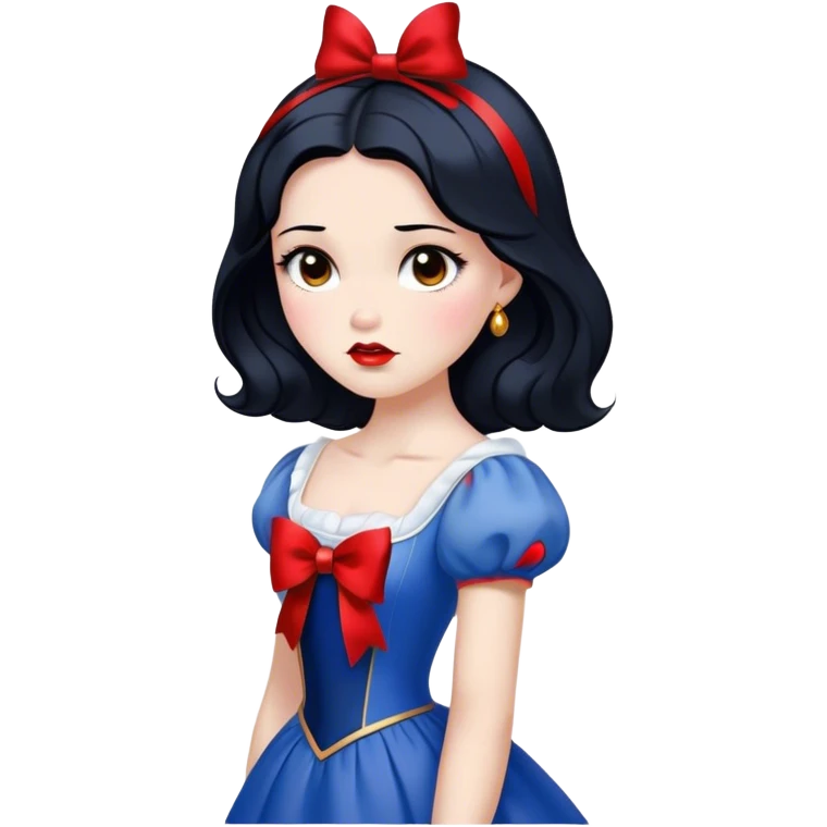 Cinematic Elegant Snow White Portrait Emoji, rendered in a realistic, vector-style with minimal shading and bold, simplified shapes. Depict Snow White (chest and above) with flawless porcelain skin, expressive deep brown eyes, and lustrous raven hair neatly styled with a red bow, wearing her classic blue and gold dress. The image glows with a soft, pure radiance and high shine, capturing timeless beauty and gentle grace. emoji