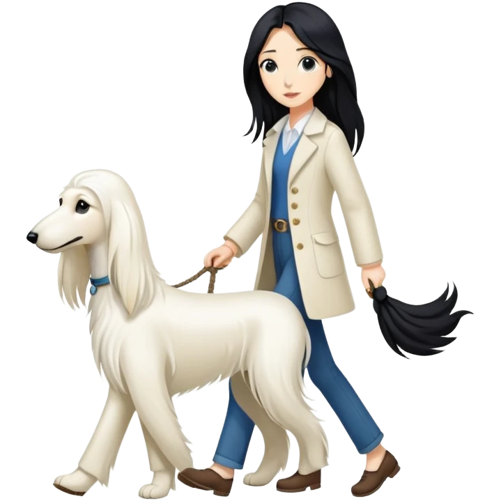 A girl with long black hair walks a white Afghan hound emoji