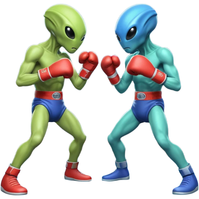 two aliens boxing in a fight stance, facing each other with raised gloves, dynamic action pose, intense expressions, sci-fi arena vibe, 3D cartoon style, mobile game icon style, clean background, no text, no watermark
 emoji