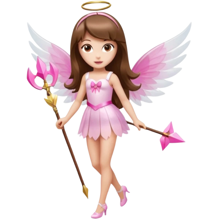 Hada de piel clara cupido pequeña  de cabello largo lacio castaño con flequillo y ojos cafés  vestida con algo sensual semitransparente corto color blanco o rojo con 1 arco y una sola flecha que combinen y labios rositas tipo Barbie pero en hada cupido de cuerpo completo de pies a cabeza   emoji