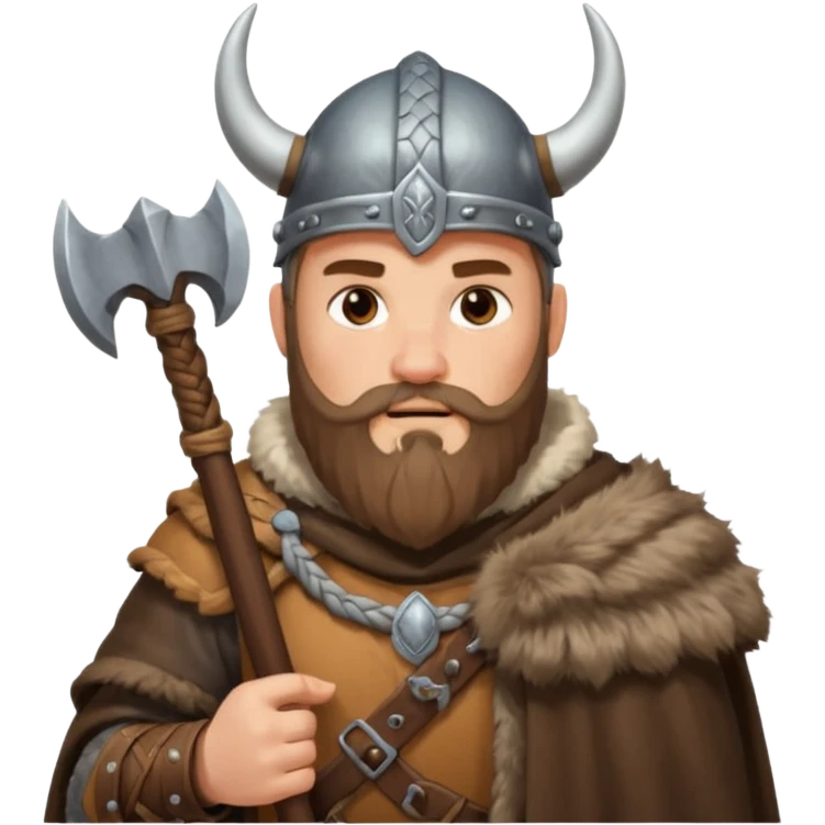 A tall Viking with braided beard, fur cloak, and heavy axe resting on his shoulder with horned helmet emoji