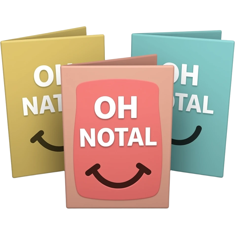 One card is in the middle, and two more are at the back. The cards show a greeting. emoji