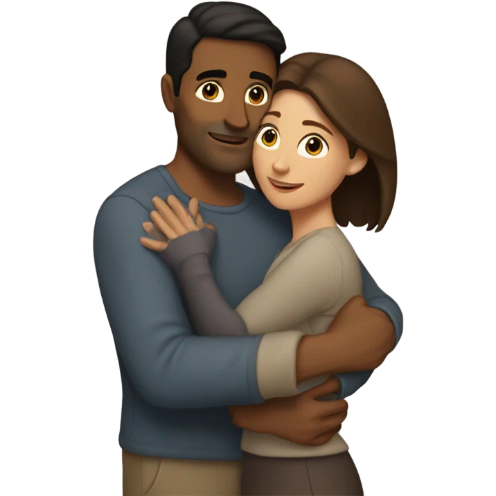 Brown man brunette woman hug emoji