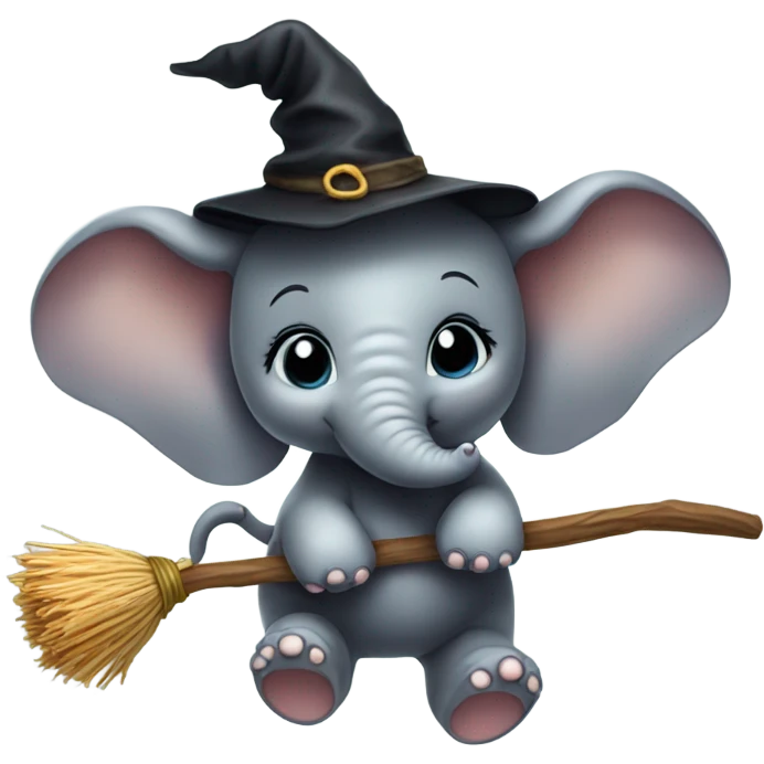Baby ele flying on a broom with a witch hat emoji