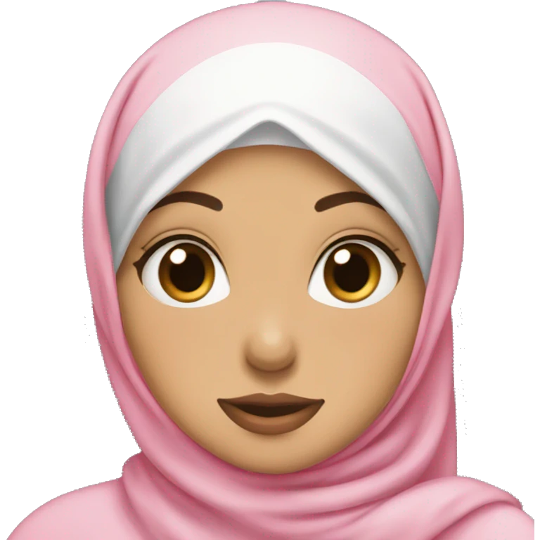 hijabi girl wearing a pink hijab with brown eyes and white skin doing a kissy face and a peace sign emoji