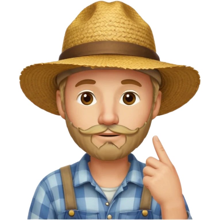 “A single emoji-style character combining 👨‍🌾😄 and 🤔: a smiling farmer man with a straw hat, friendly face, and light beard, holding one hand under his chin in a thinking gesture. His index finger rests under his face, eyes looking slightly upward as if thinking.  emoji