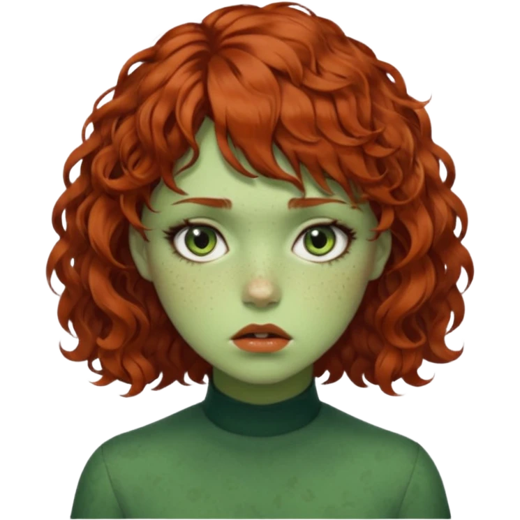 quero que você cria uma mulher, o rosto dela. nela, ela tem cabelo curto e ondulado, tem franja e ela tem semblante triste, deixe ela com pele verde. cabelo cacheado(avermelhado). ( ela tem aparência terroristica) olhos anormais assim como a boca) deixe ela com sardas emoji