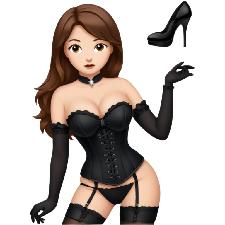 brown hair woman with very big boobs wearing stockings on her legs a corset and high heels emoji