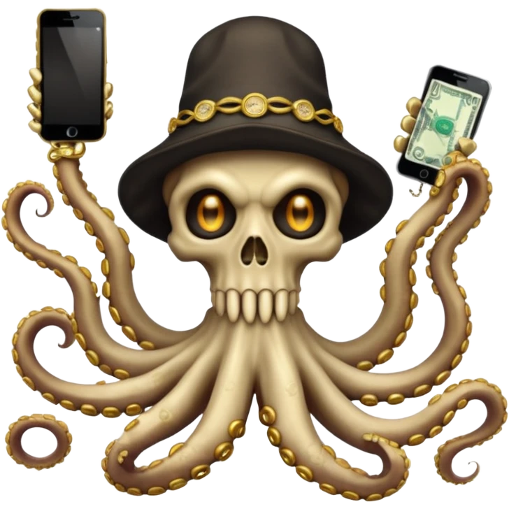 satanic octopus skeleton. Evil looking eyes, wearing a gold necklace and backwards hat. 2 tentacles are holding their own cellphones, 2 other tentacles are holding stacks of cash emoji