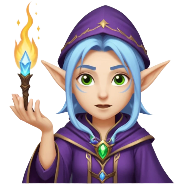 night elf mage, simplified and bold, clear facial expression, casting a spell, fun and readable at small size, sized and composed for Twitch emoji, no text emoji