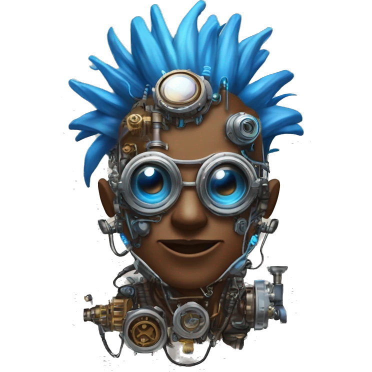 Brown cyborg head with blue Mohawk, blue beard, silver steampunk monocle goggles a smile and circuits emoji