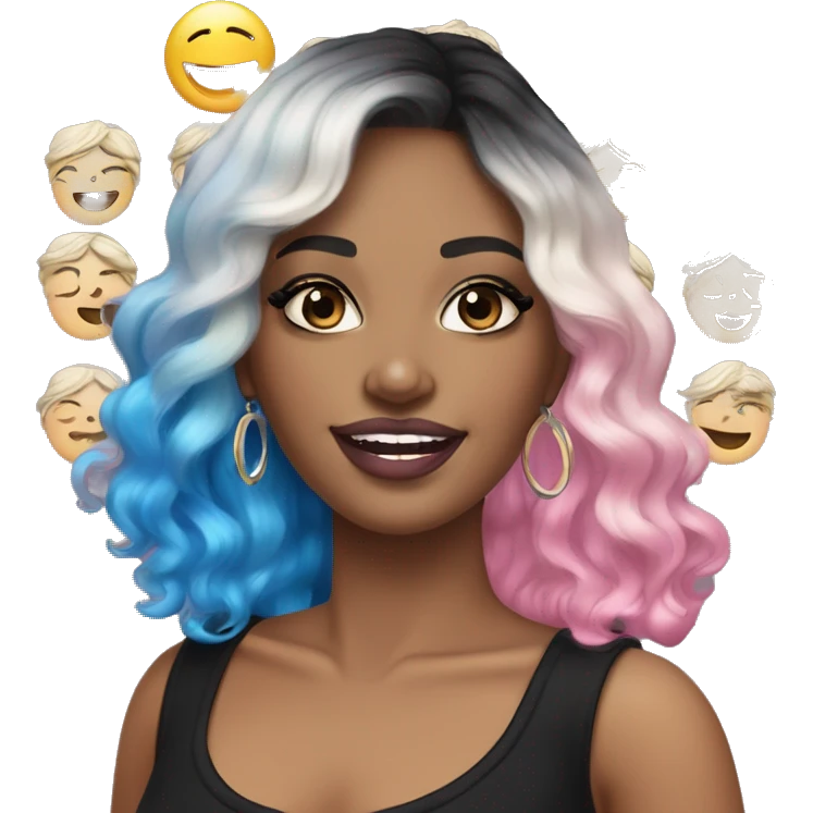 White skinned adult woman, smiling, glitter drawings makeup on her face, pink lipstick blue eyes, long black-to-blonde ombre wavy hair, ring earrings, black T-shirt. emoji