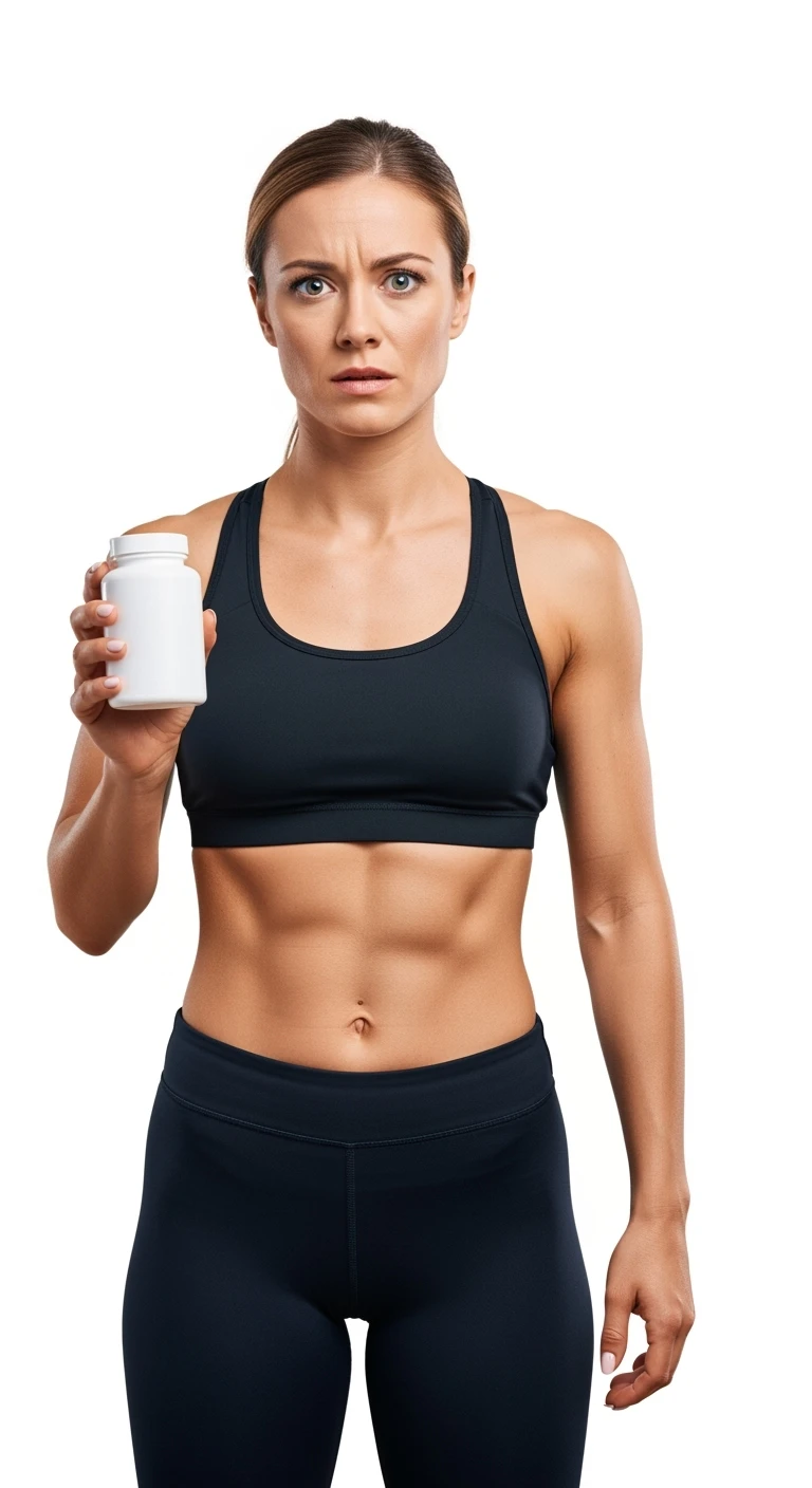 DONNA FITNESS ITALIANA CON BOCCETTA DI INTEGRATORE BIANCA  IN MANO ED ESPRESSIONE DUBBIOSA IN VOLTO, REALISTICA 4K, ISOLATA SU SFONDO BIANCO emoji