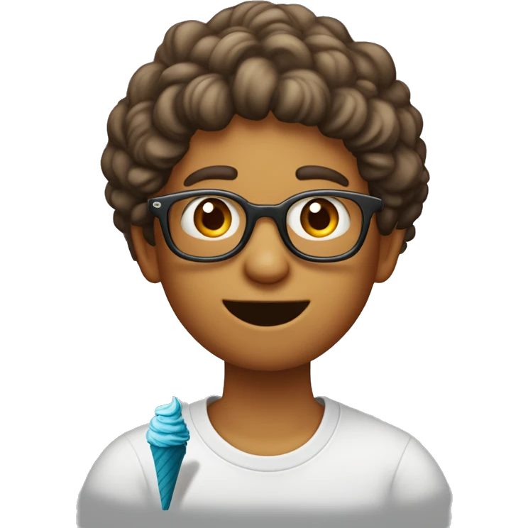 un adolescente de 18 años de pelo rizado castaño con lentes, comiendo un helado  emoji