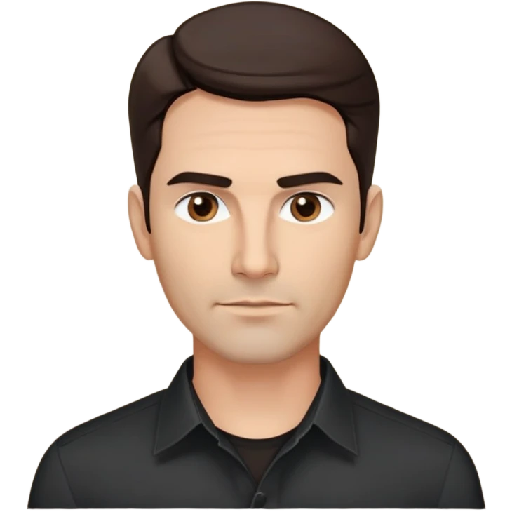 Fit good-looking 40-year-old with young appearance, light brown complexion, elongated face, fine jawline, intense dark eyes, medium eyebrows, straight nose, attractive confident expression, medium wavy dark hair with modern styling, wearing a crisp black button-down shirt emoji