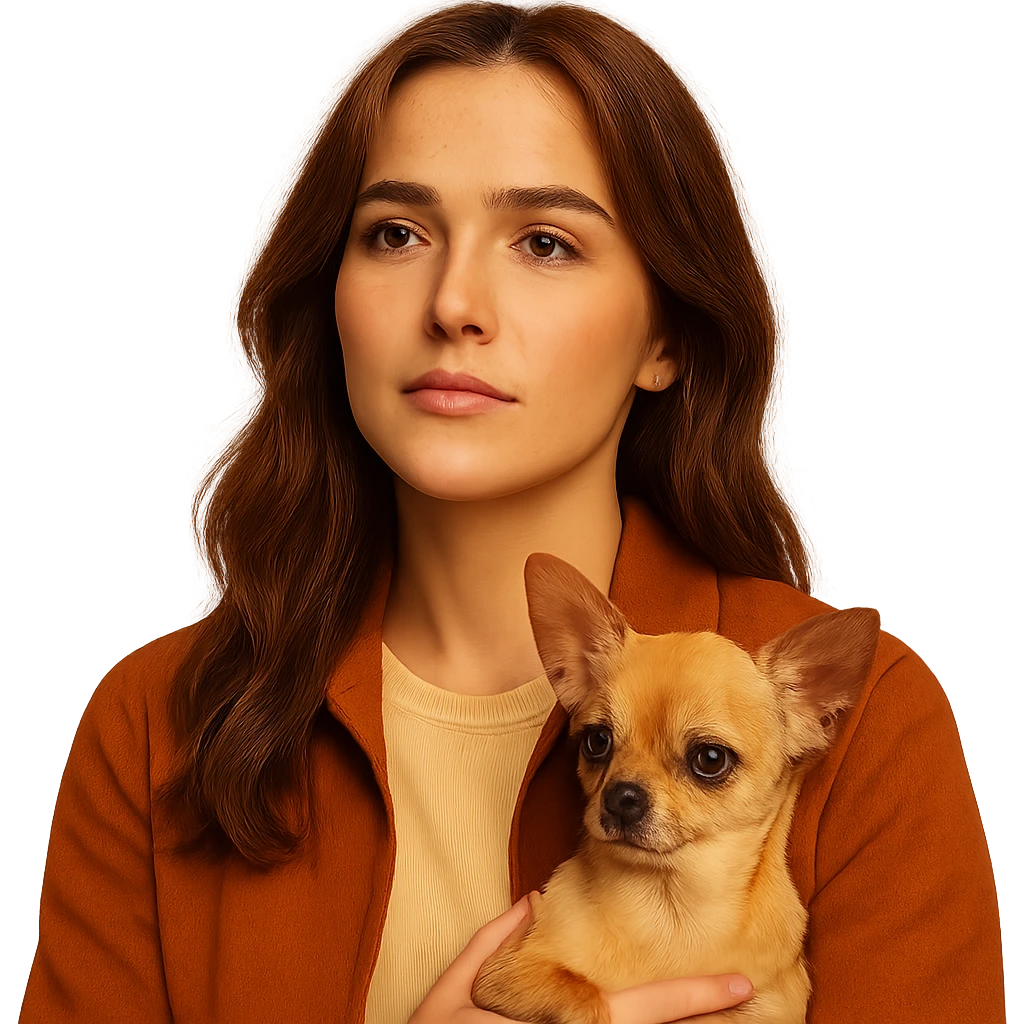 Portrait centered for Instagram profile picture, inspired by facial features visible in the reference images of Zoe Deutch, with tanned skin and subtle freckles. Wearing a shirt in color #FFF8CA and a rust-colored jacket. Medium-length brown hair with auburn highlights. Dreamy and poetic expression. Holding an expressive and cute beige-brown chihuahua. Netflix series style, intimate and expressive atmosphere inspired by Tenerife. Transparent background. emoji