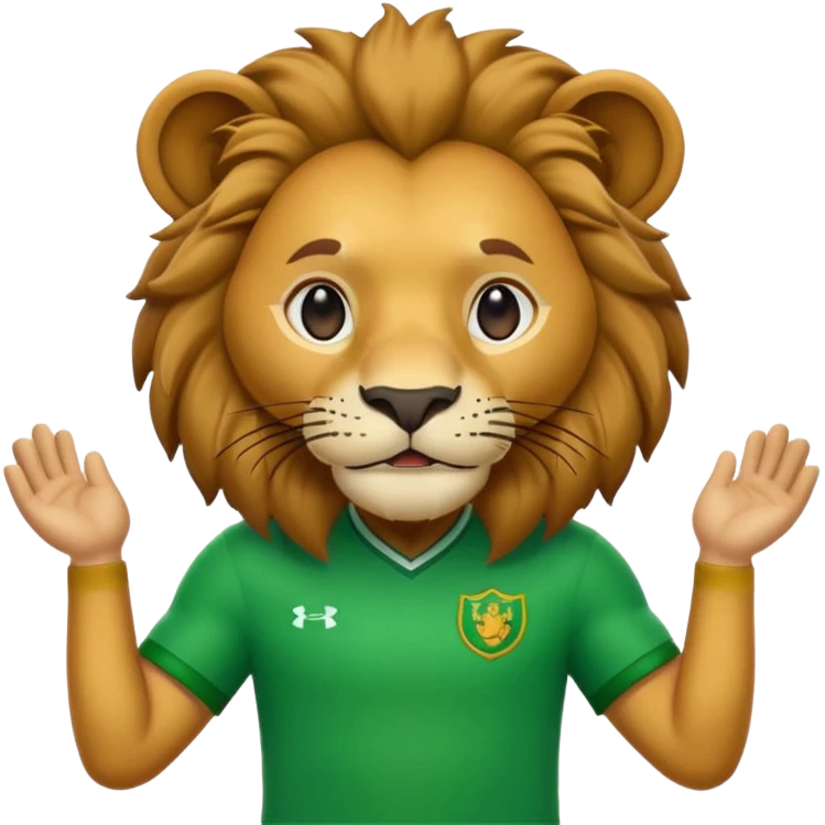 An emoji of a lion in a cartoonish, friendly, and expressive style. The lion should be wearing a bright green sports jersey with a simple and minimalist design, in the style of classic emojis emoji