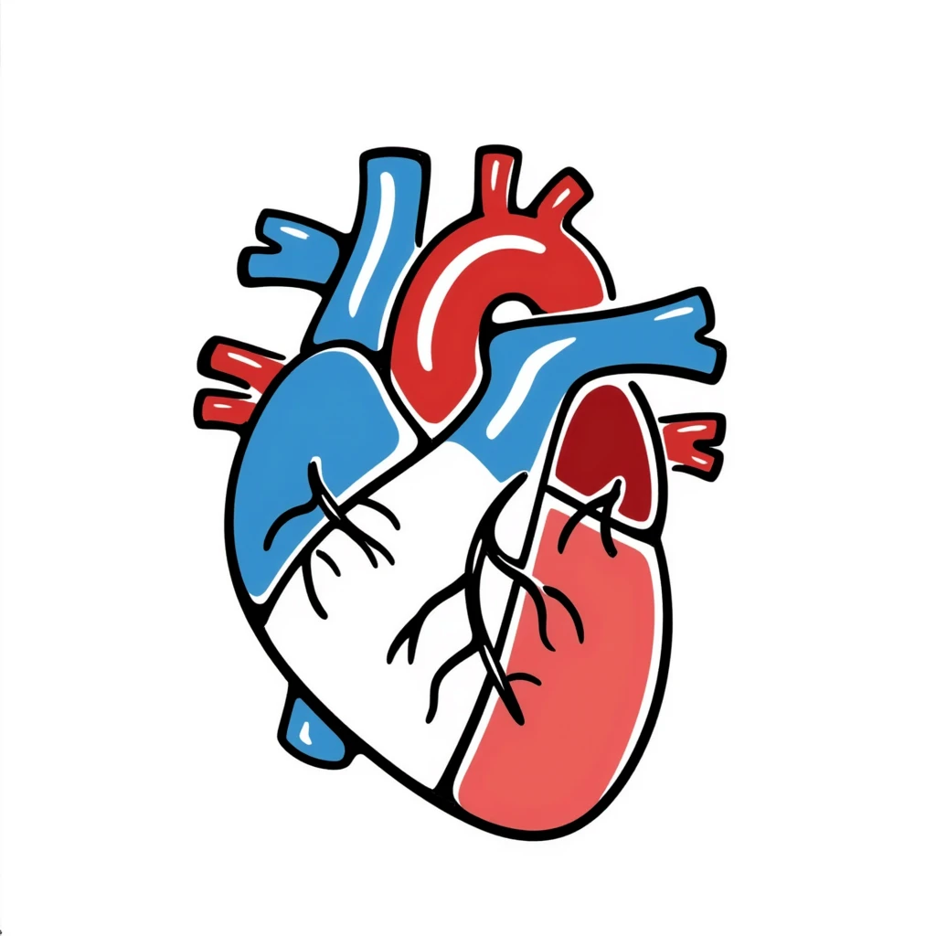 A hand-drawn anatomical heart with detailed chambers and arteries in medical diagram style, showing blue veins and red arteries, with clear internal structure, oxygenated blood in red and deoxygenated blood in blue emoji