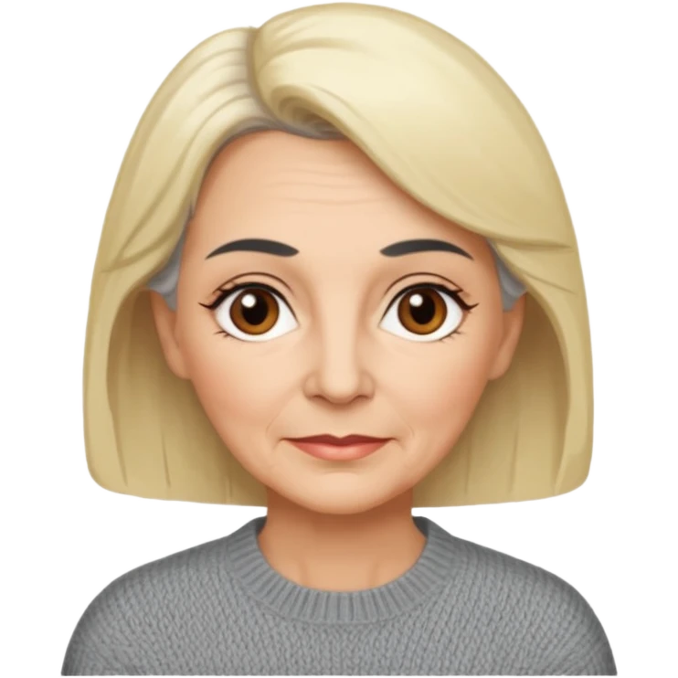 Rea emoji bionda di 70 anni occhi castani sopracciglia nere faccia più paffutella e maglione grigio ma le sopracciglia nere emoji