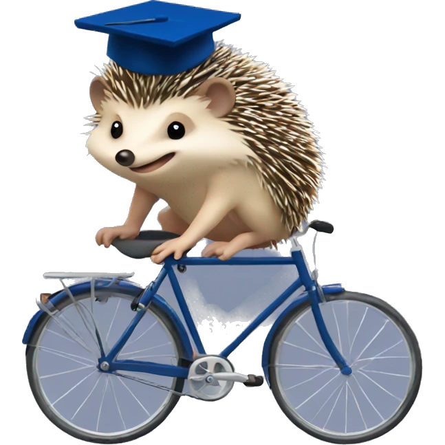 Hedgehog in dark blue hat and with book and bicycle,  emoji