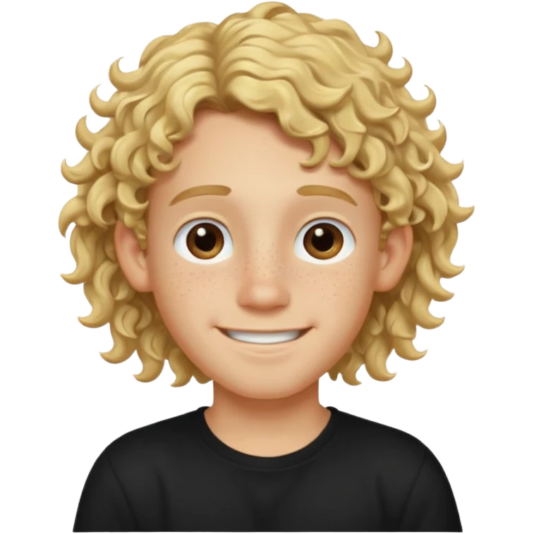 blonde boy with long curly hair past his ears, smiling, wearing a black shirt with freckles emoji