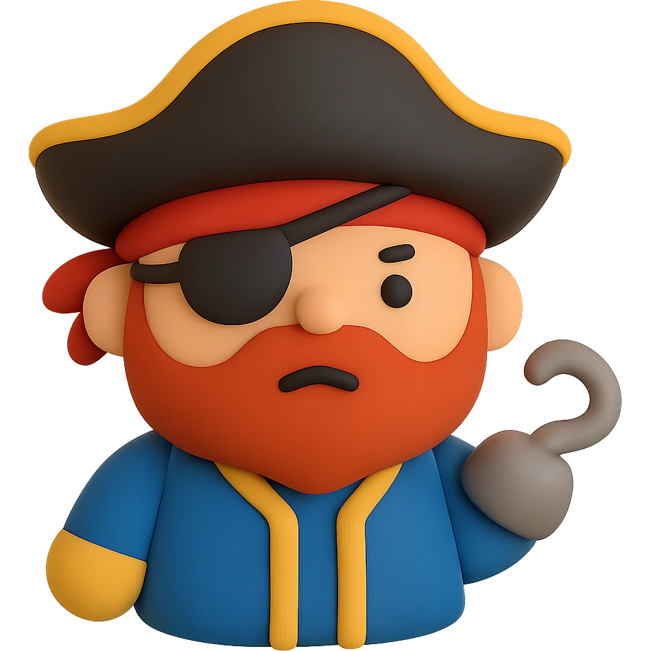 A cute pirate captain with eye patch, tricorn hat, and hook hand emoji