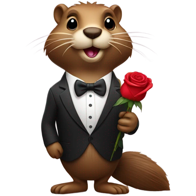 A beaver dressed in a tuxedo is holding a rose in its paws. emoji