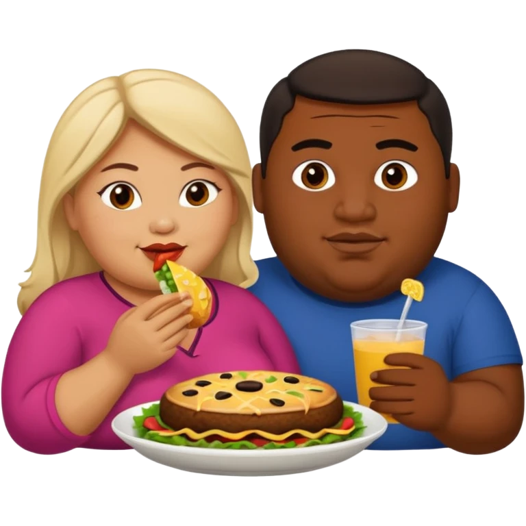 Fat Mexican woman and fat light skinned black guy eating together emoji