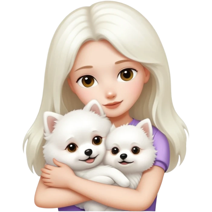 girl hugging white Pomeranian  emoji