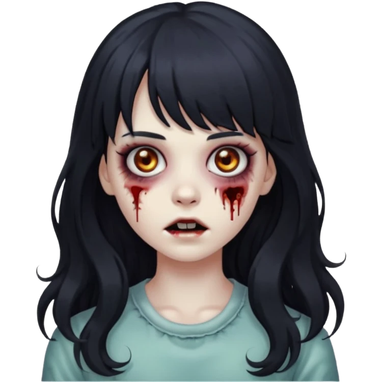 Zombie girl with long wavy black hair and bangs. emoji