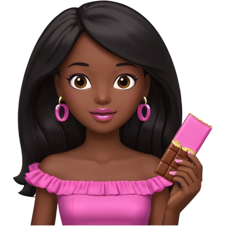 Black barbie, long black  hair, pink dress eating chocalate bar emoji