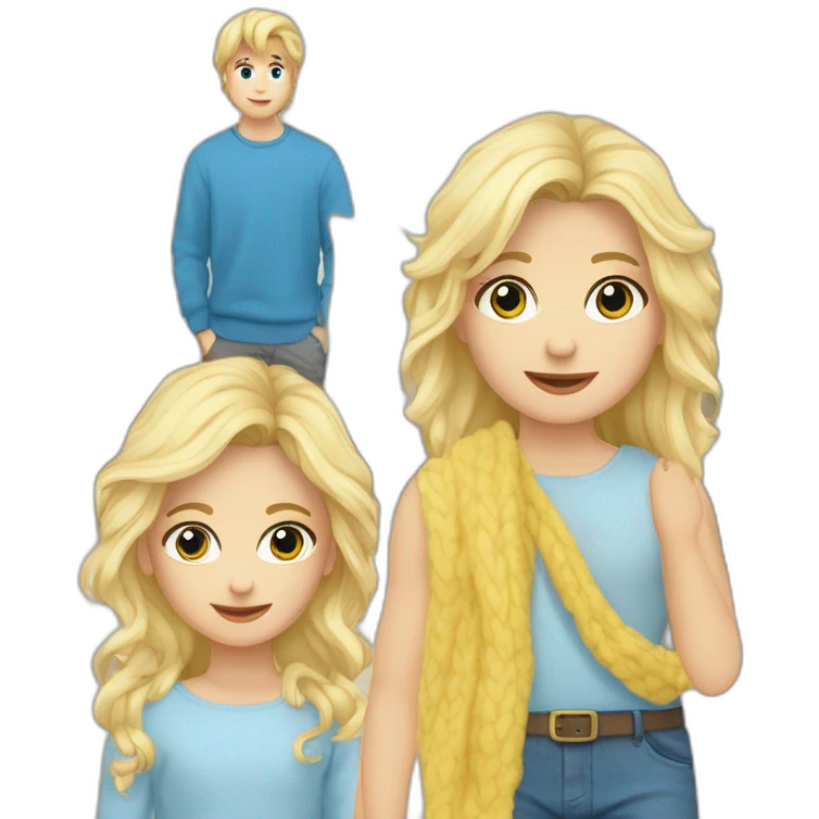 Een jongen met blonde haren blanke huis grijze trui en een blauwe broek emoji
