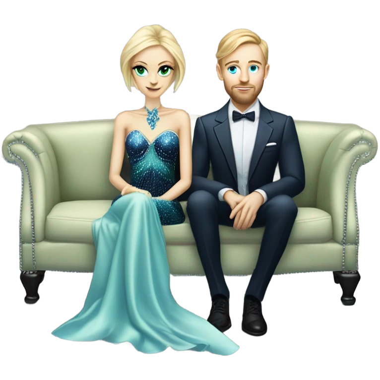 light green skin alien blonde woman in long slim pastel blue formal party satin dress with gradient shiny sparkling navy blue diamonds embroidered , and caucasian man in black dress, sitting on a beige couch  emoji