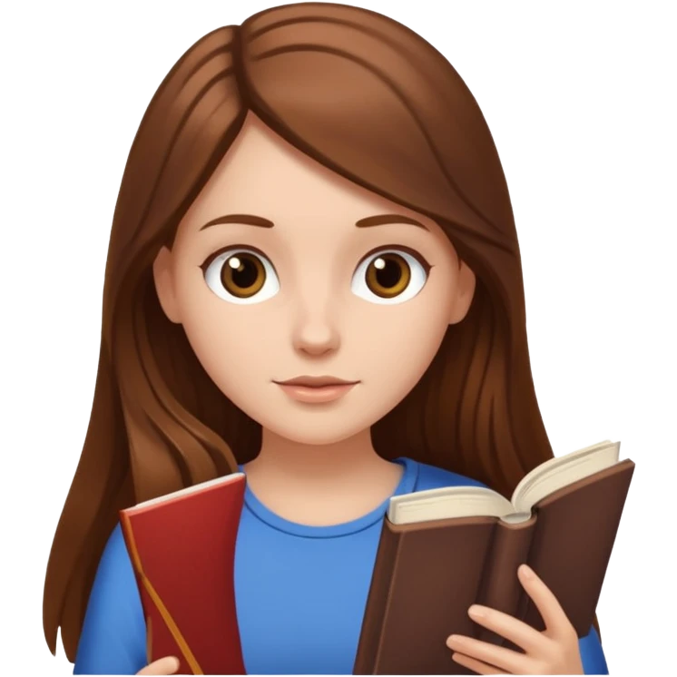 Emoji style white girl with long brown hair reading a book emoji