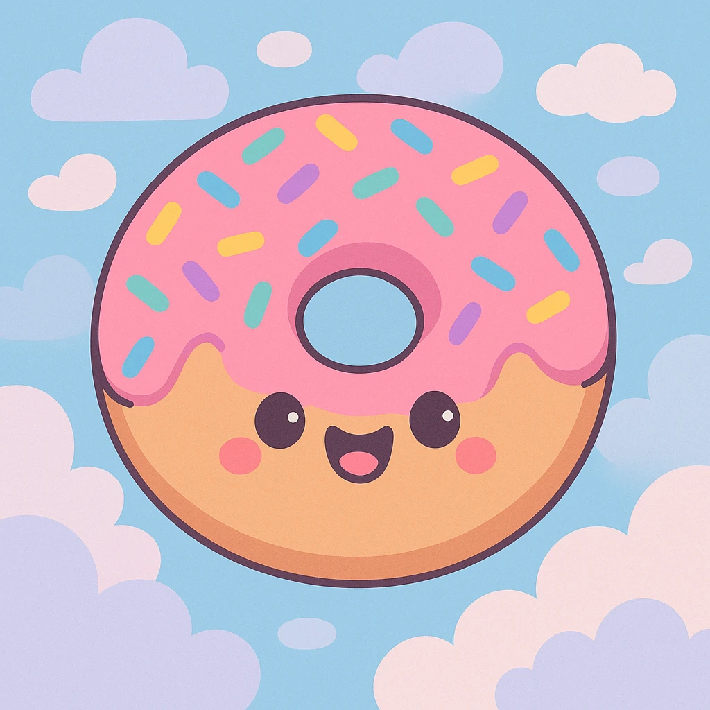 kawaii donut with rainbow sprinkles and happy face, floating in a dreamy cloud background, pastel toon style emoji