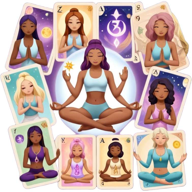 Telegram sticker pack, spiritual and magical sexy girls wearing magic clothes and outfits, doing different thing like yoga, magic , numerology, astrology, taro, cards. In some stickers put brand Resurs.space emoji