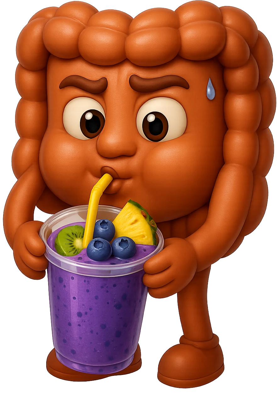 EMOJI STILE IPHONE DI un intestino umano anatomico che beve un frullato di mirtilli, ananas, kiwi, fagli anche la parte bianca degli occhi, non solo le pupille, REALISTICo 4K emoji