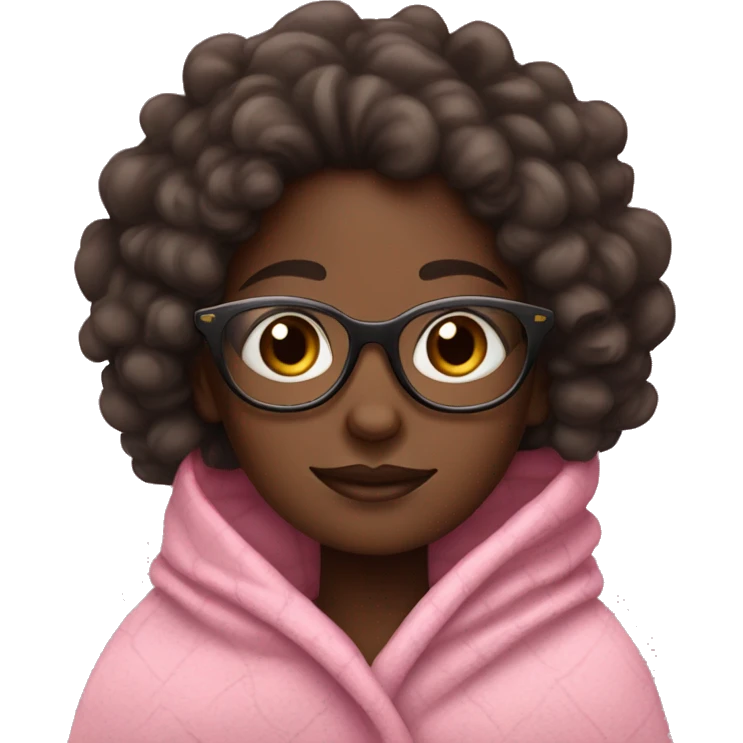 Dark skin girl with curly hair and glasses bundled up in a pink blanket with dark brown eyes emoji