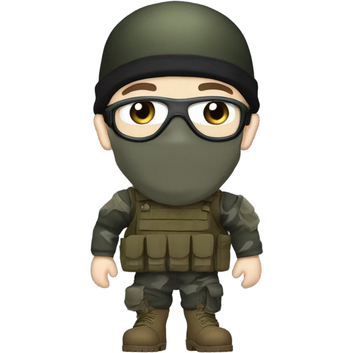 male, pale skin, face mask, camo tactical gear, combat boots, black beanie, blue eyes emoji