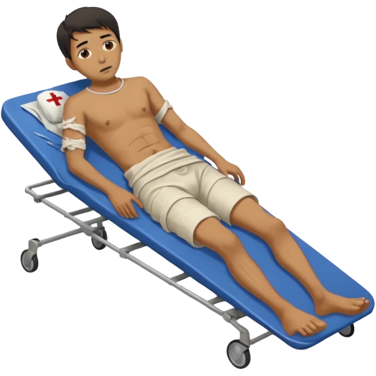 
a man of oriental appearance, dressed in torn clothes, full-length, unconscious, in a prone position, with injuries on a medical stretcher, 1980 emoji