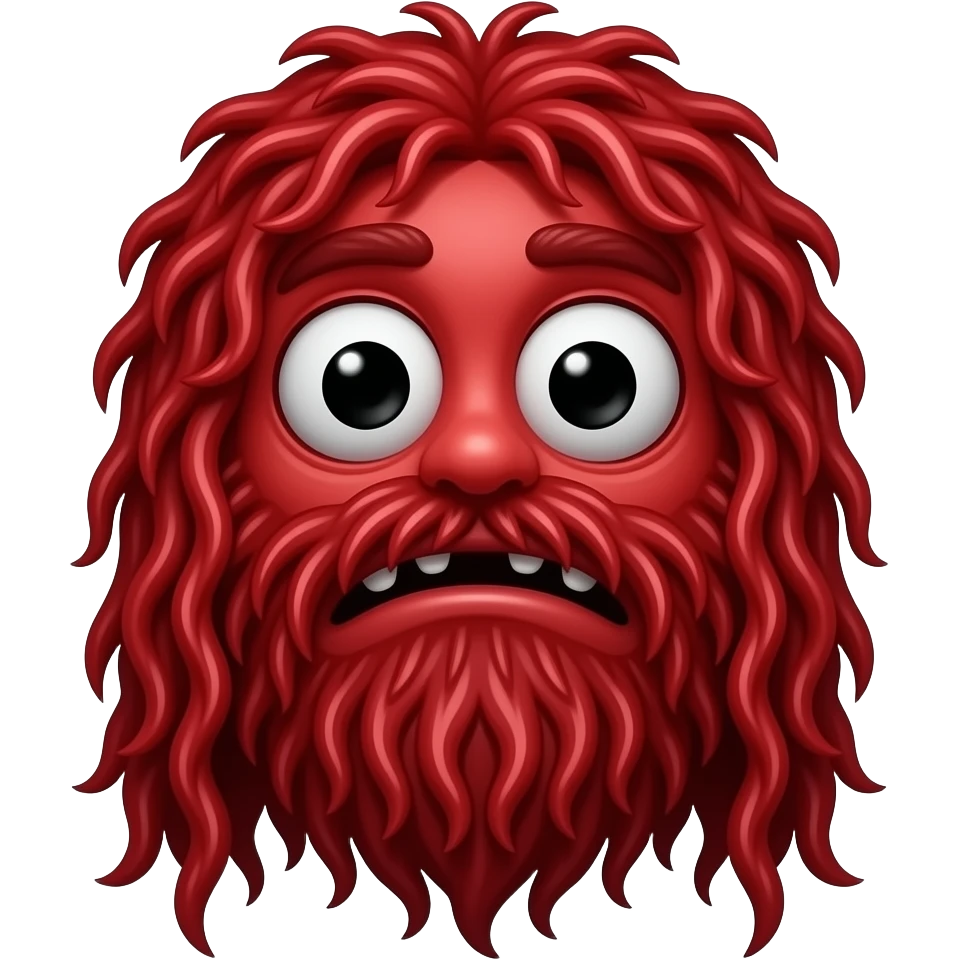 Red Guy from Don’t Hug Me I’m Scared, Red puppet like monster with long, stringy red hair covering the face and mouth, cartoon eyes on top of his head emoji