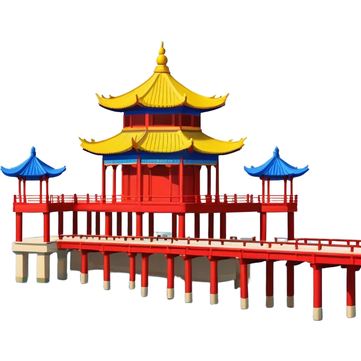 Qingdao Zhanqiao Pier with pavilion over sea, simplified emoji style with bold outlines and bright colors, cartoon style traditional Chinese pavilion on pier emoji