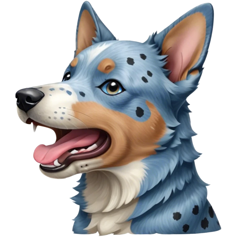 Cinematic Cute Yawning Blue Speckle Australian Cattle Dog Portrait Emoji, Head tilted slightly with a dramatic, wide-open yawn, showcasing a sleek blue speckle Fur with distinct markings, floppy ears slightly drooping, round blue eyes barely open in drowsy contentment, Simplified yet irresistibly adorable features, highly detailed, glowing with a soft, cozy glow, high shine, relaxed yet expressive, stylized with a touch of whimsy, bright and endearing, soft glowing outline, capturing the essence of a sleepy yet affectionate herder, so drowsy it feels like it could stretch out of the screen and curl up for a nap! emoji