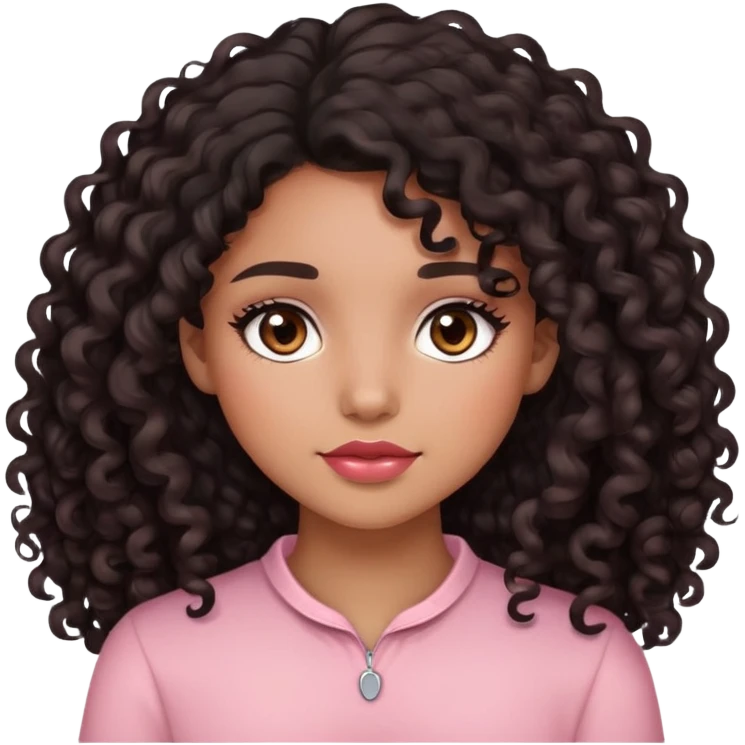 Light Brown girl, long black curly hair, beautiful dark brown brown eyes, light brown skin and LIGHT pink red blush emoji
