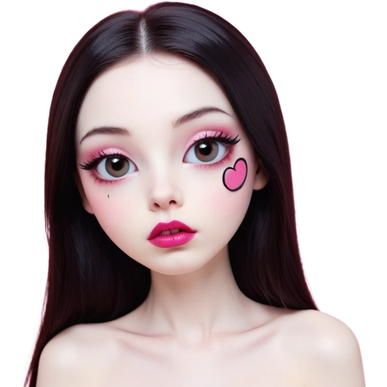 girl with white skin, dark brown long realistic straight hair with middle part prominently falling in front of her body over her shoulders, lips with reddish-pink shiny lip gloss and absolutely no cupid's bow, big round eyes with very black shiny eyeballs and long eyelashes, light pink blush on cheeks, no eyeshadow, lighter button nose, exceptionally elongated very long oval-shaped face, wearing a pink off-shoulder top, looking directly at camera with hands down at sides emoji