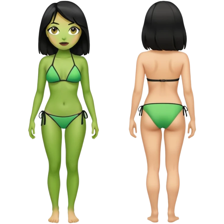 Full body green skin witch woman with black hair wearing bikini emoji