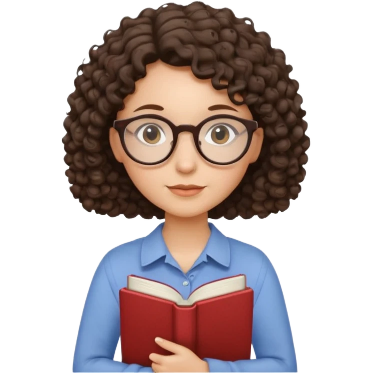 female English teacher with glasses and wearing a shirt, holding an English book. I have dark brown a little curly hair. My glasses are rather round than square shape. emoji