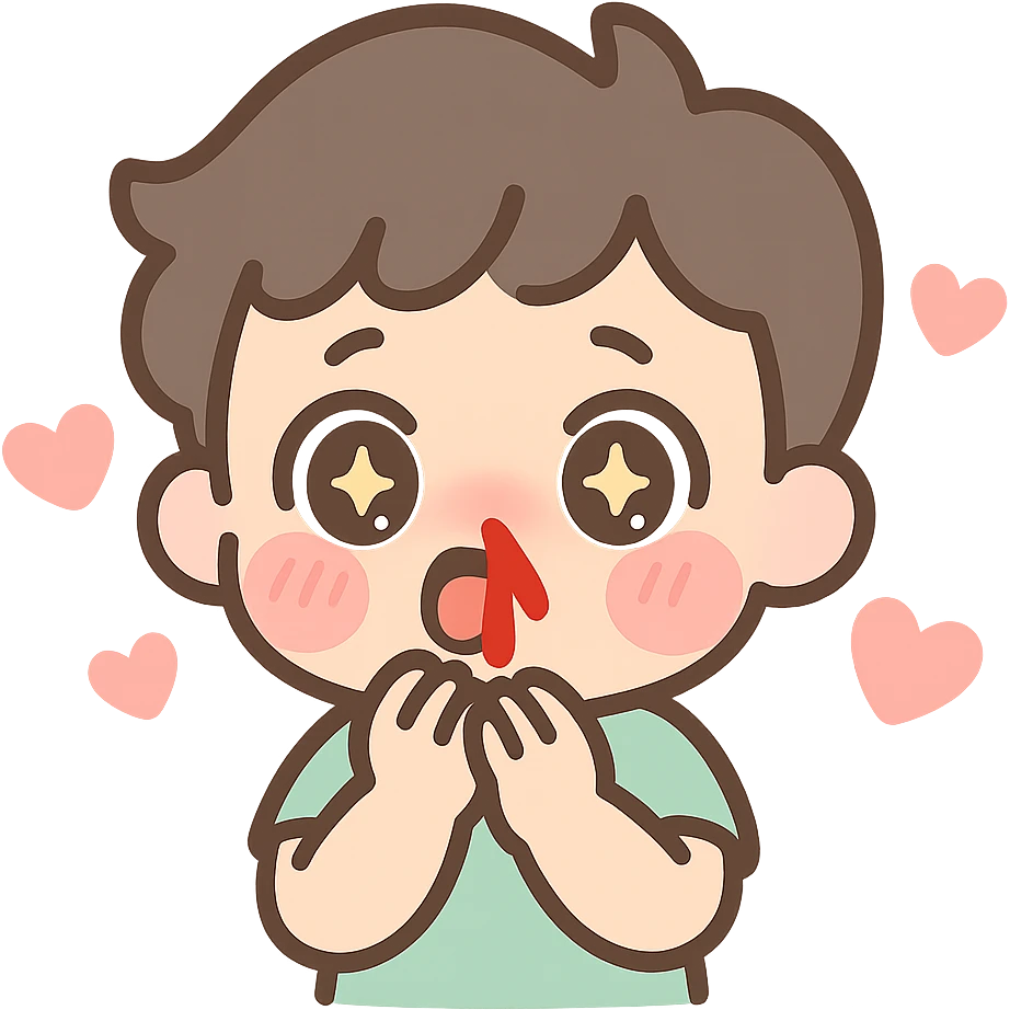 anime-style emoji of a shocked cartoon boy, wide eyes, red nosebleed, blushing cheeks, surrounded by hearts emoji
