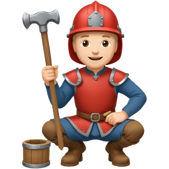 a happy medieval white man with a helmet kneeling and knocking with a hammer emoji