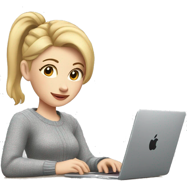 Woman with pale skin, short blonde ponytail and gray sweater sitting at table with Apple laptop emoji